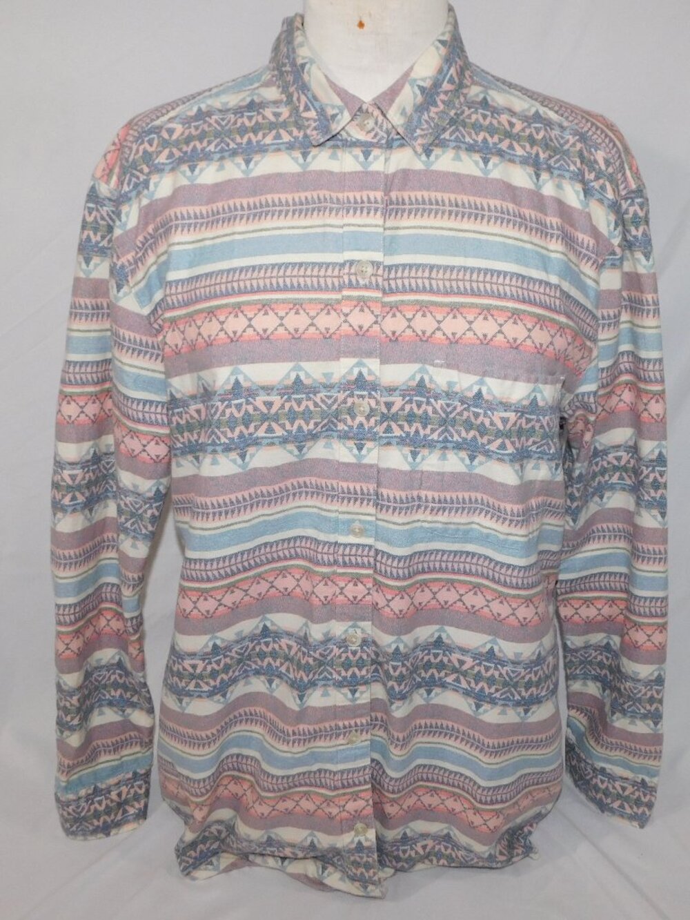 Eddie Bauer Pink Blue Boyfriend Fit Flannel LS Shirt Womens TL Tall Large aztec